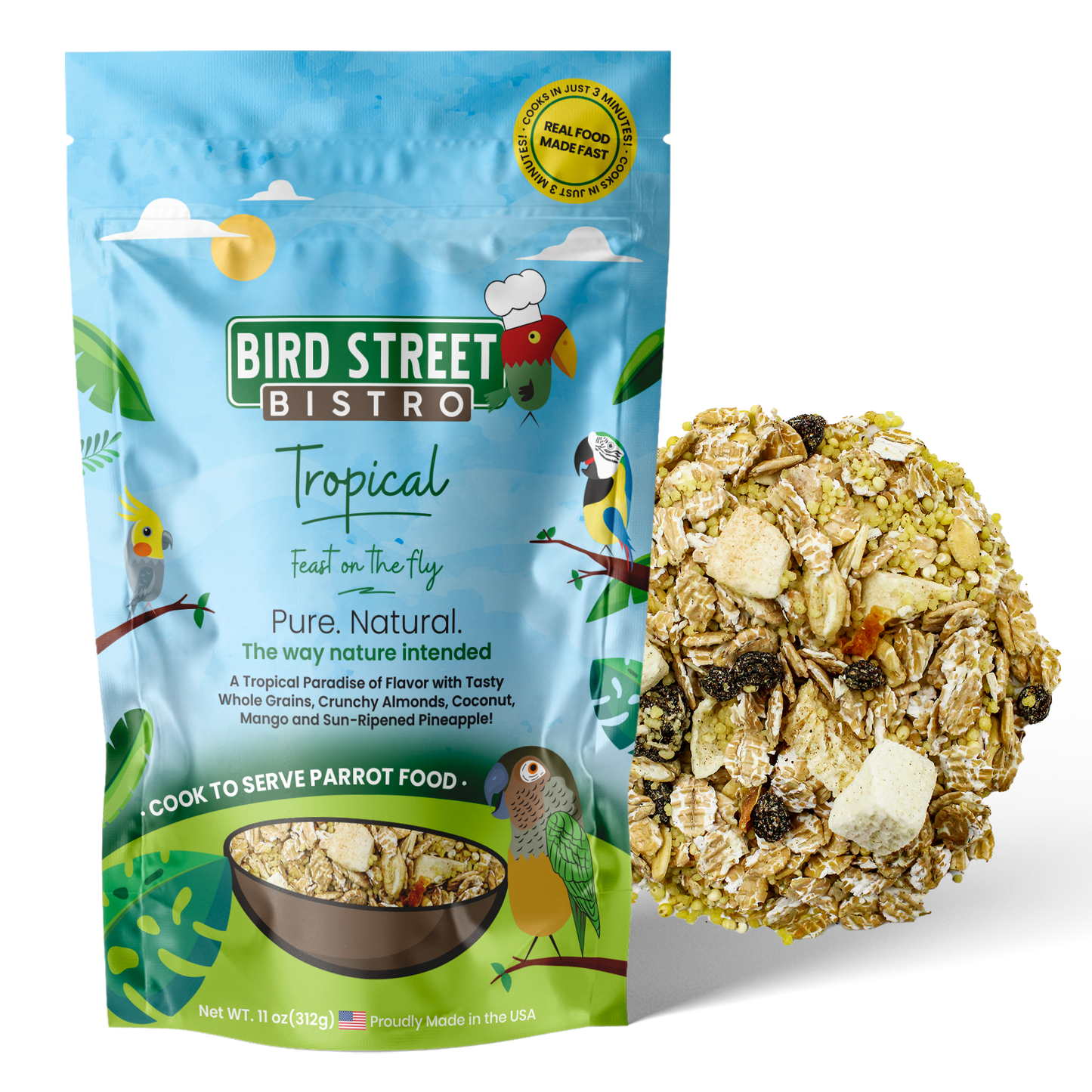 Bird Street Bistro Tropical bird food package with a sample of the food on a white background