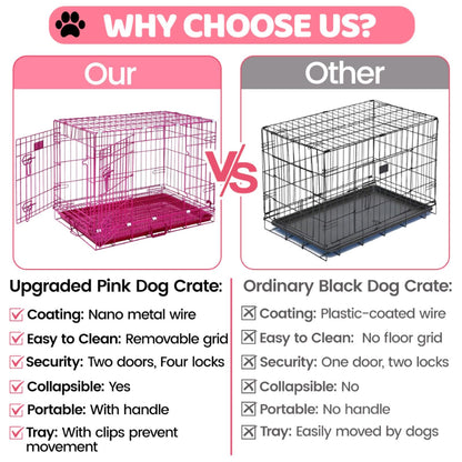 Comparison chart of upgraded pink dog crate vs ordinary black dog crate with features listed.