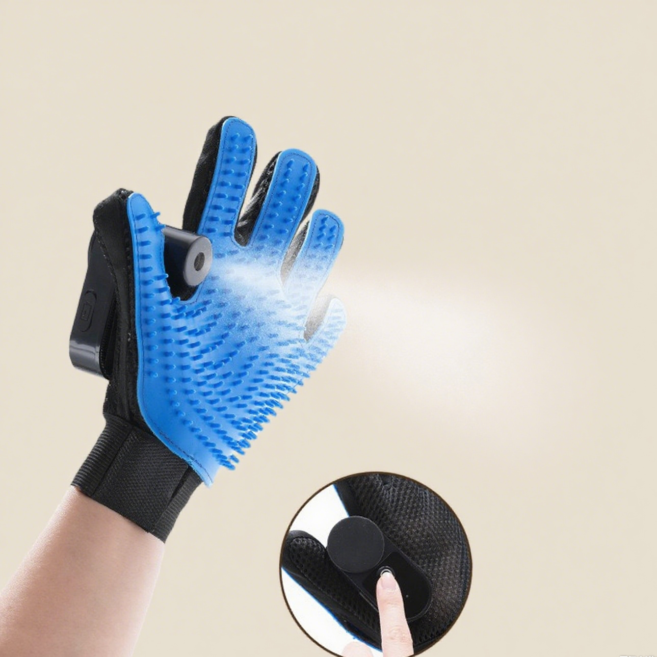Glove with blue silicone brush on a beige background