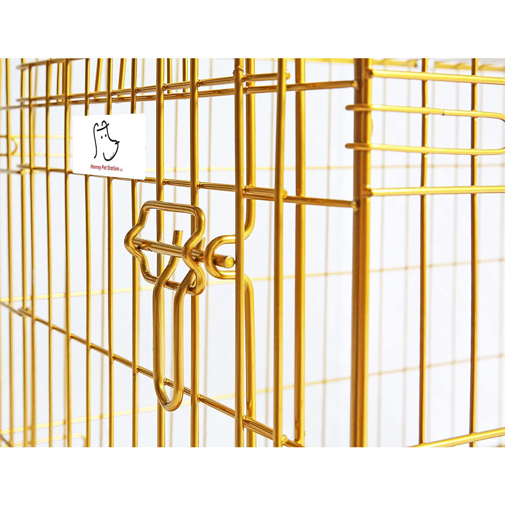 Gold metal cage with a handle on a white background