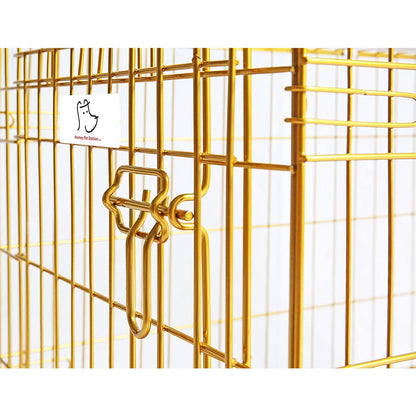 Gold metal cage with a handle on a white background