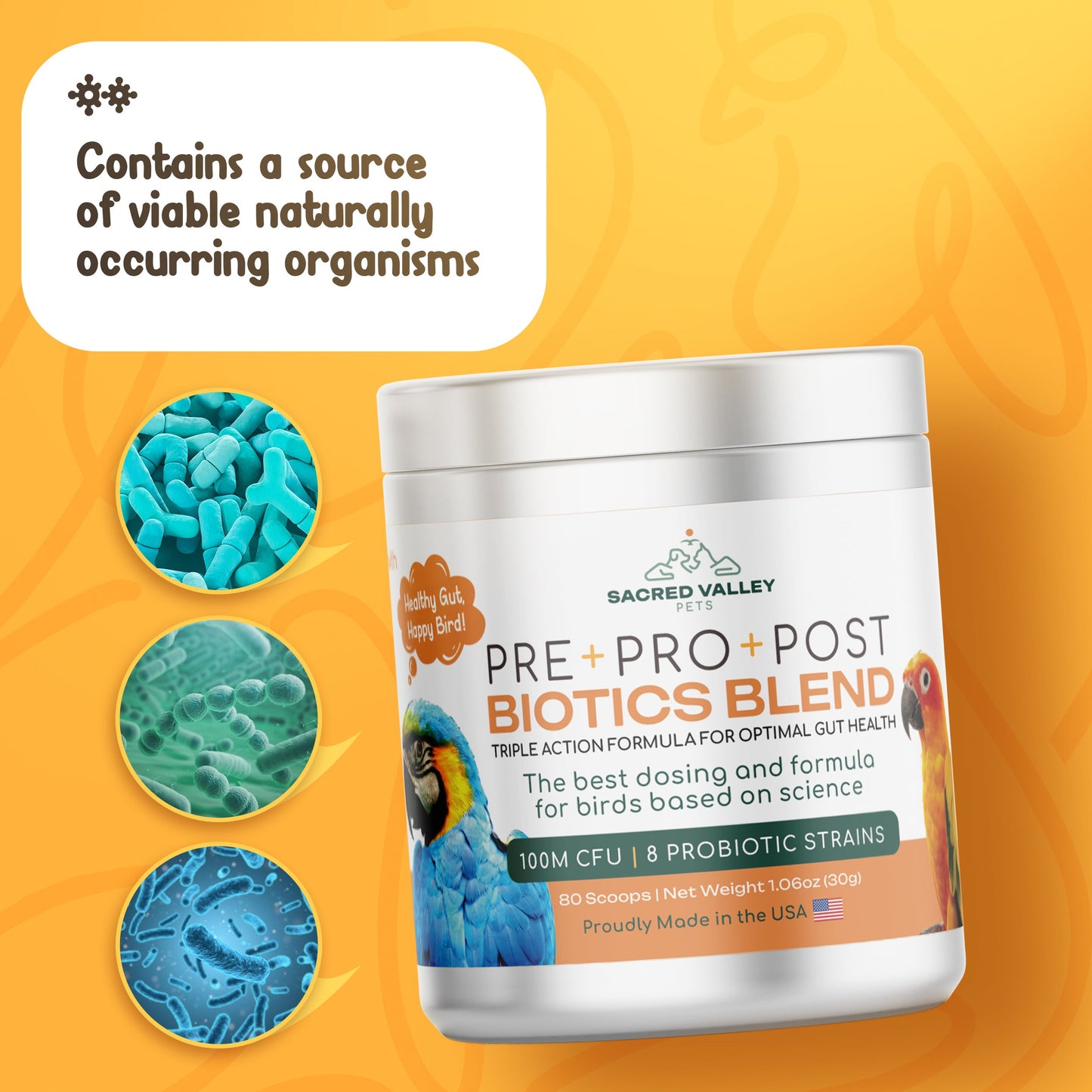 Biotics blend container with microorganism illustrations on a yellow background