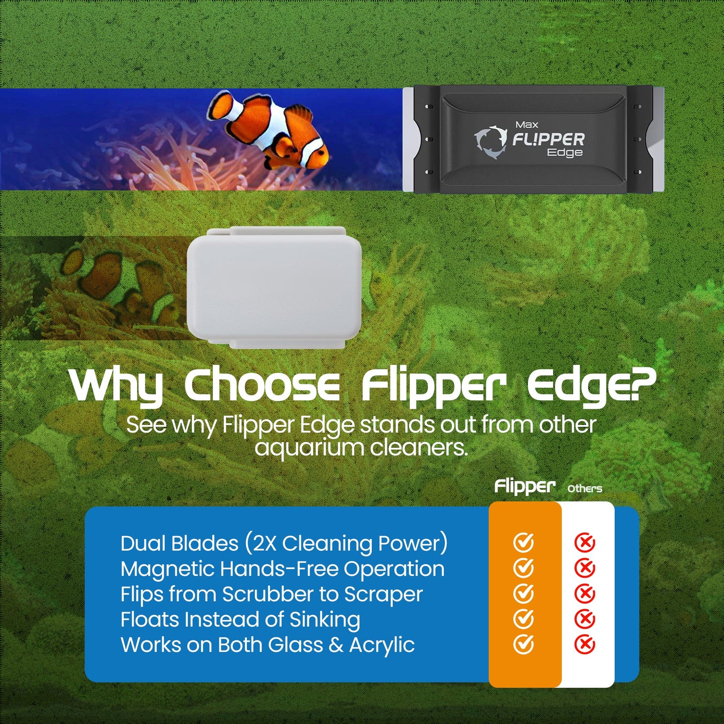 Flipper Edge aquarium cleaner with features highlighted on a green background