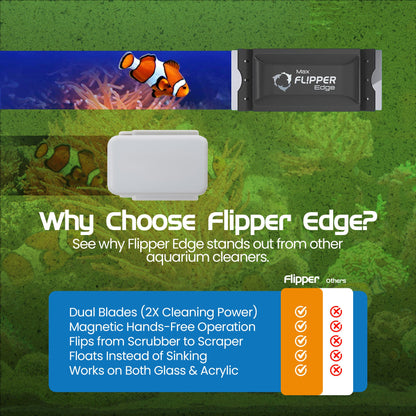 Flipper Edge aquarium cleaner with features highlighted on a green background