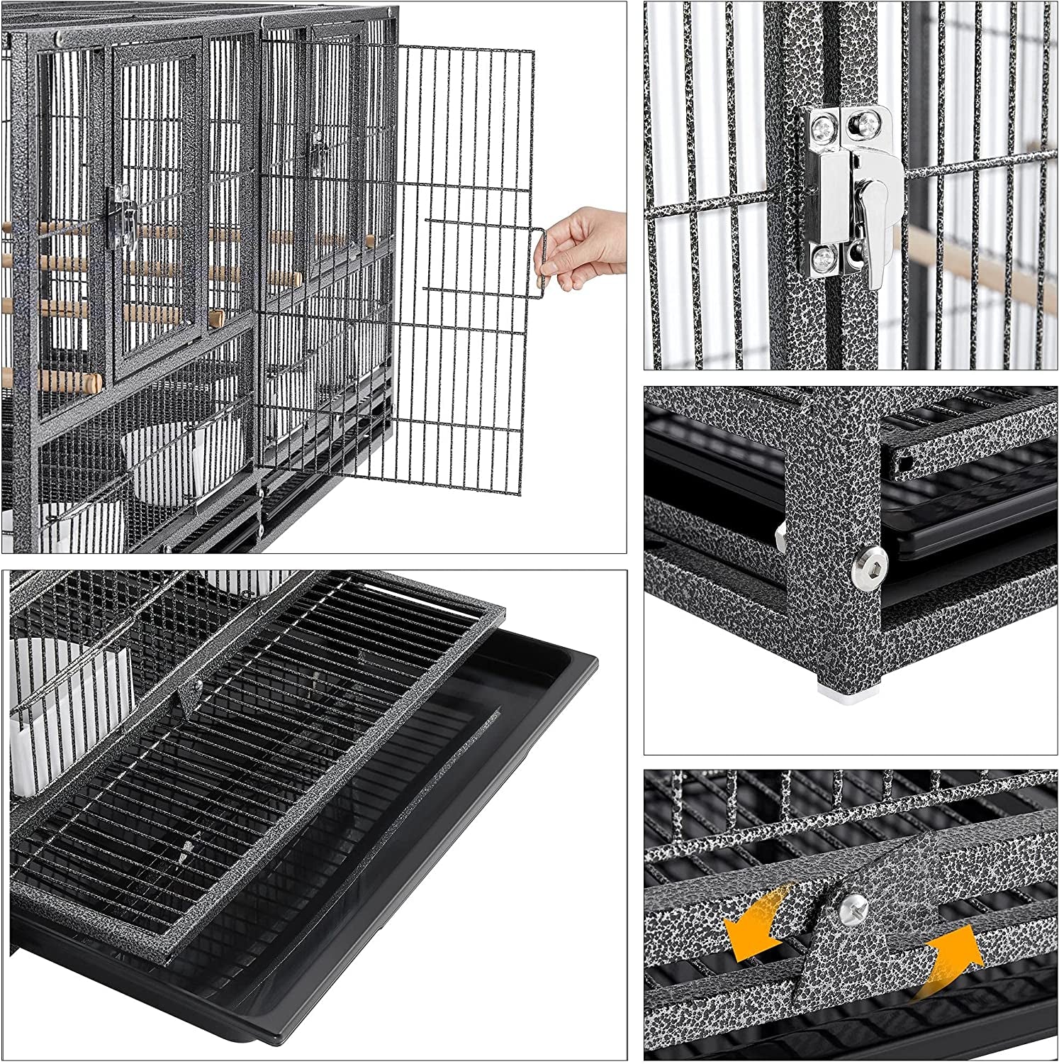 Collage of a pet cage with various features highlighted