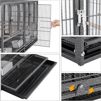 Collage of a pet cage with various features highlighted