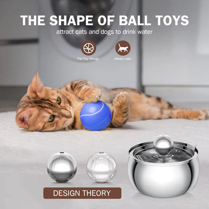 Cat playing with a blue ball toy, with text about attracting cats and dogs to drink water.