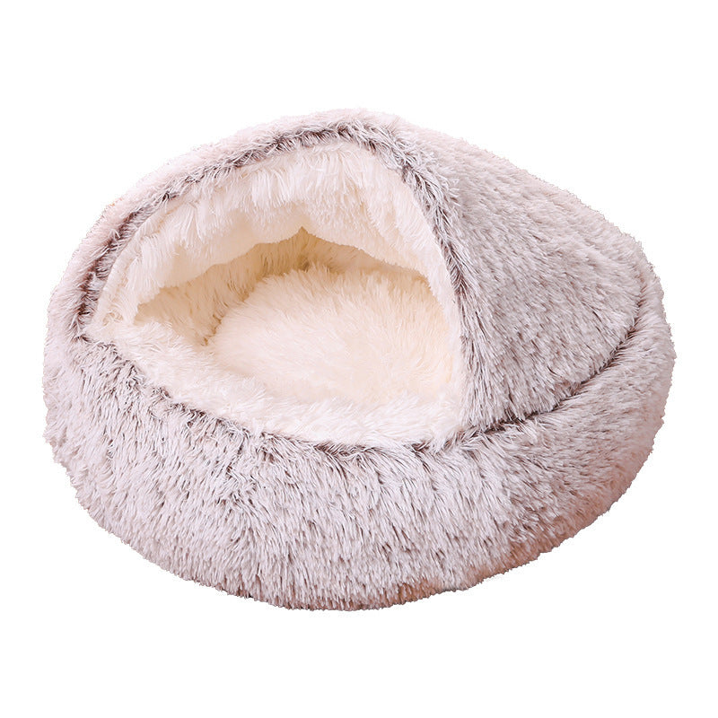 Fluffy pet bed with a soft interior on a white background