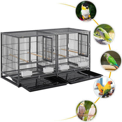 Large bird cage with multiple small images of birds around it on a white background
