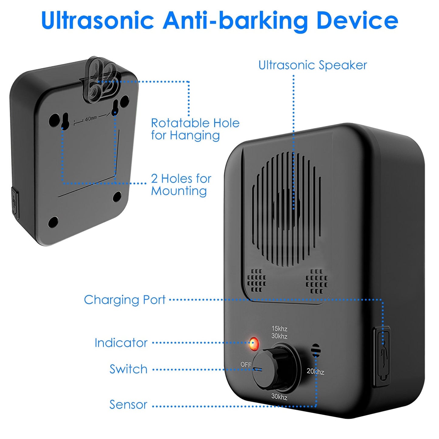 Ultrasonic anti-barking device with labeled parts on a white background