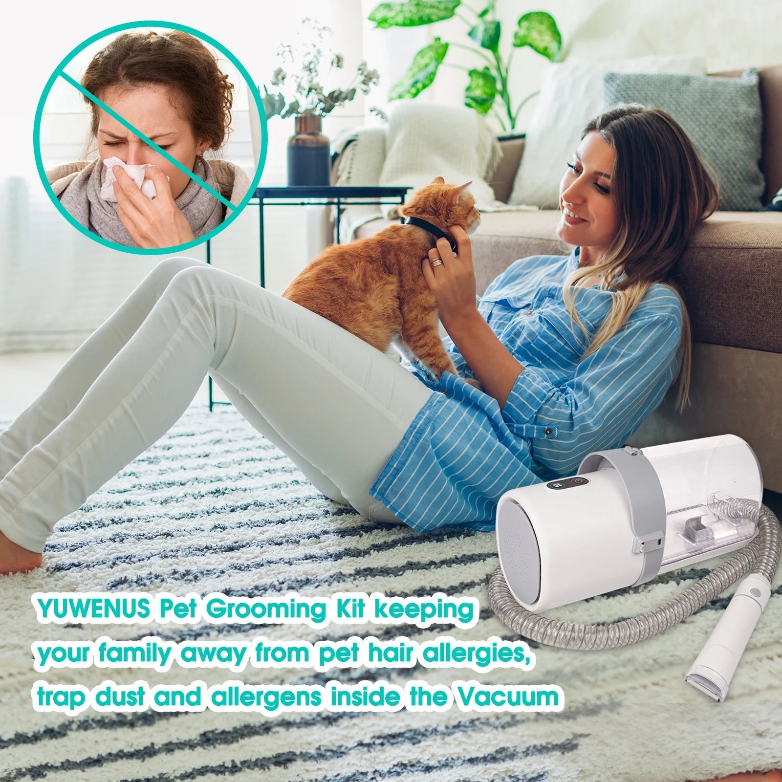 Woman holding a cat in a living room with a YUWENUS Pet Grooming Kit on the floor.