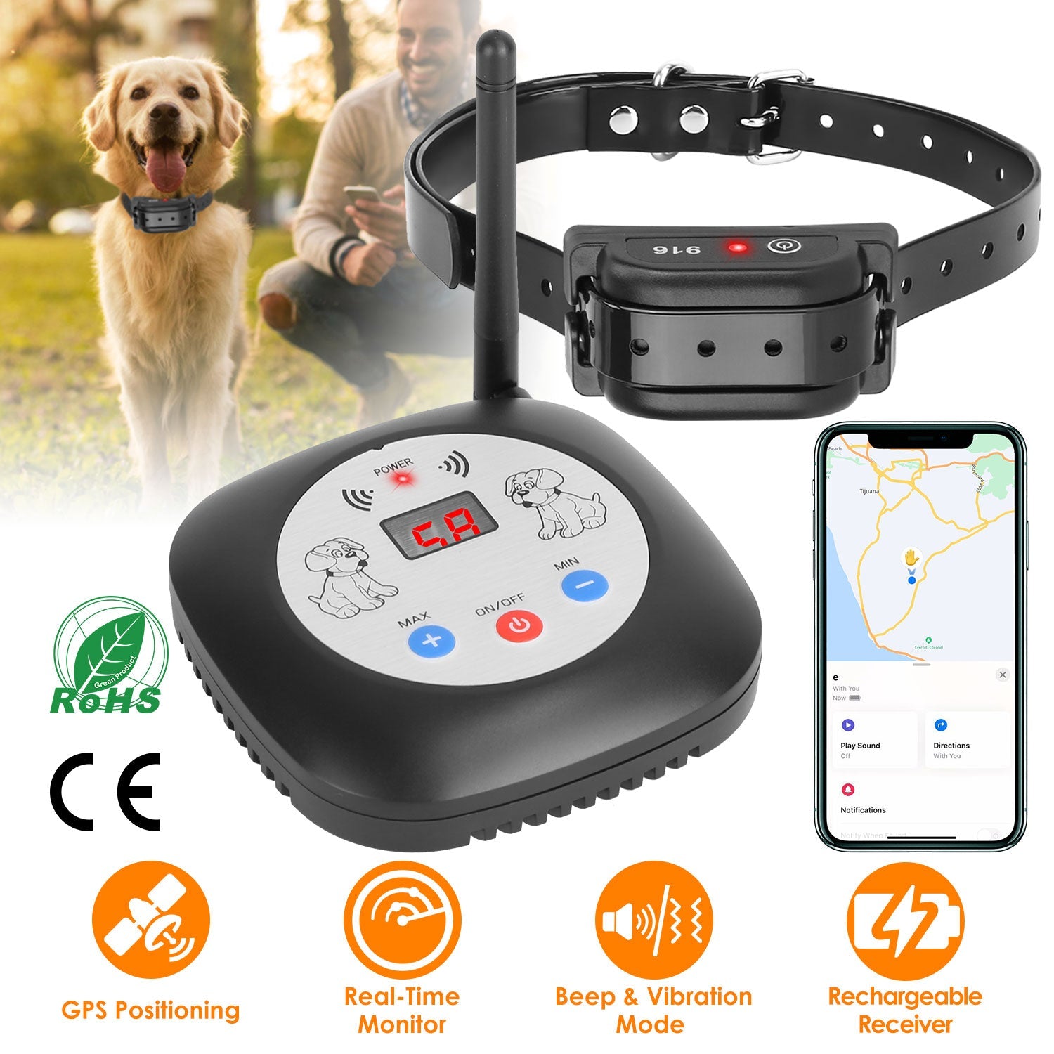 Dog training collar with receiver and app on smartphone, featuring GPS positioning and real-time monitoring.