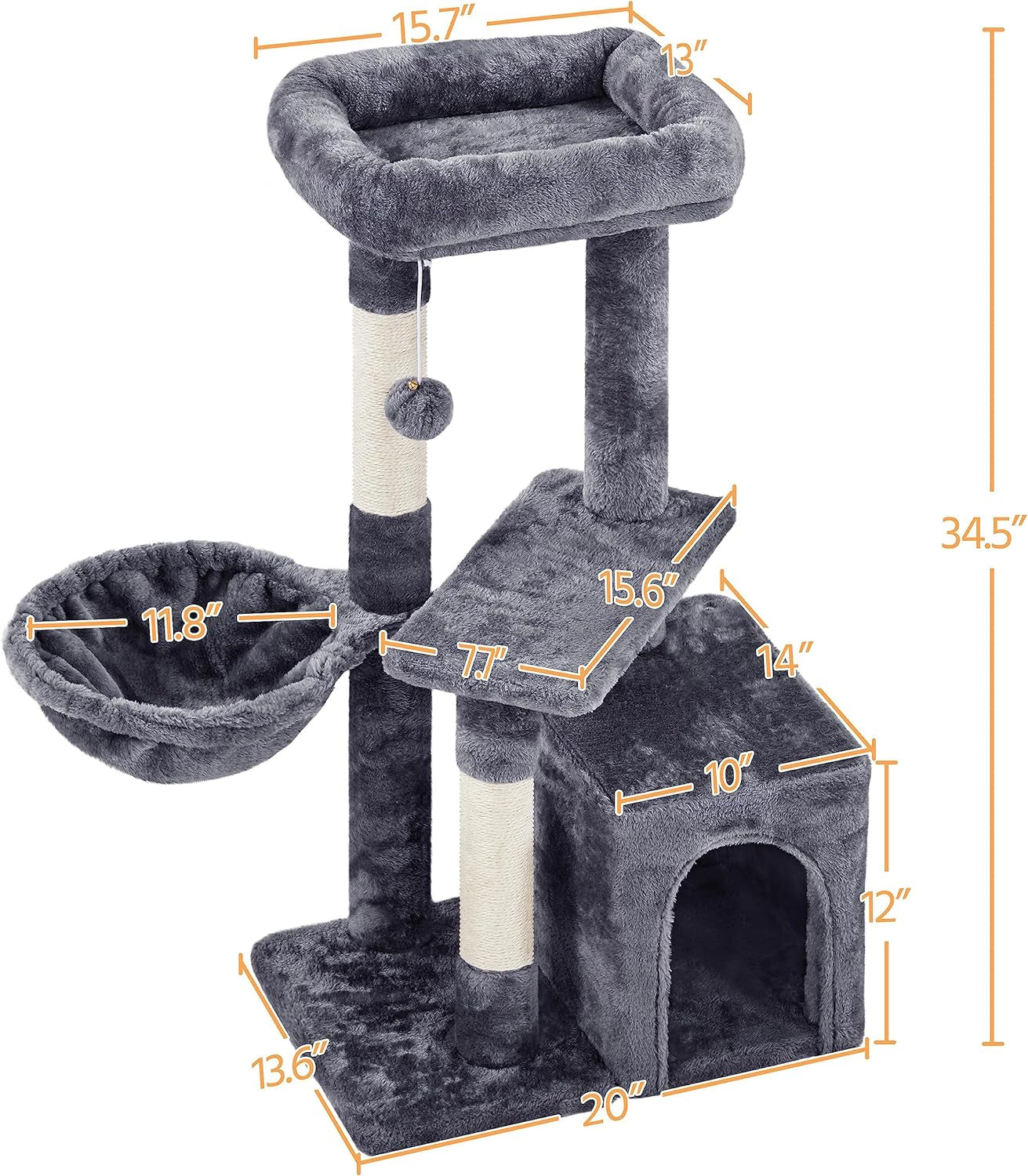 Gray cat tree with dimensions indicated on a white background