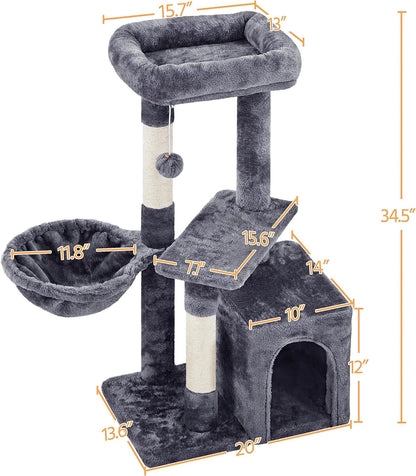Gray cat tree with dimensions indicated on a white background
