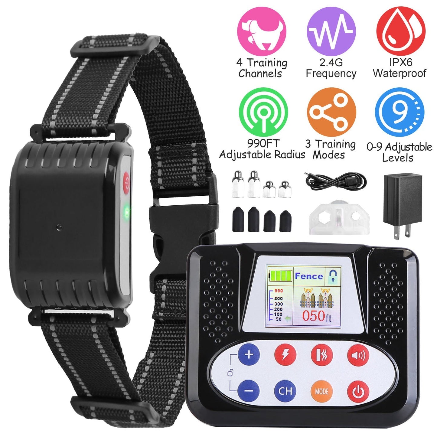 Dog training collar with control device and features listed on a white background