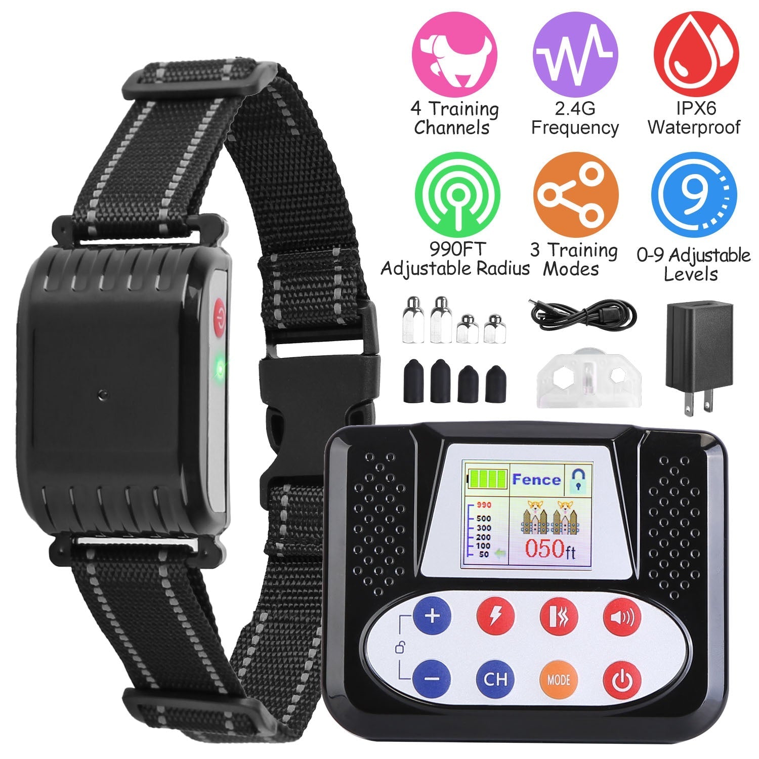 Dog training collar with control device and features listed on a white background