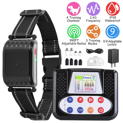 Dog training collar with control device and features listed on a white background