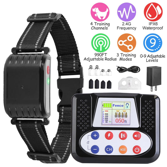 Dog training collar with control device and features listed on a white background