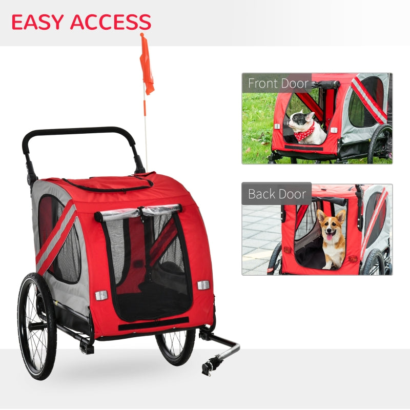Red pet stroller with easy access features on a white background