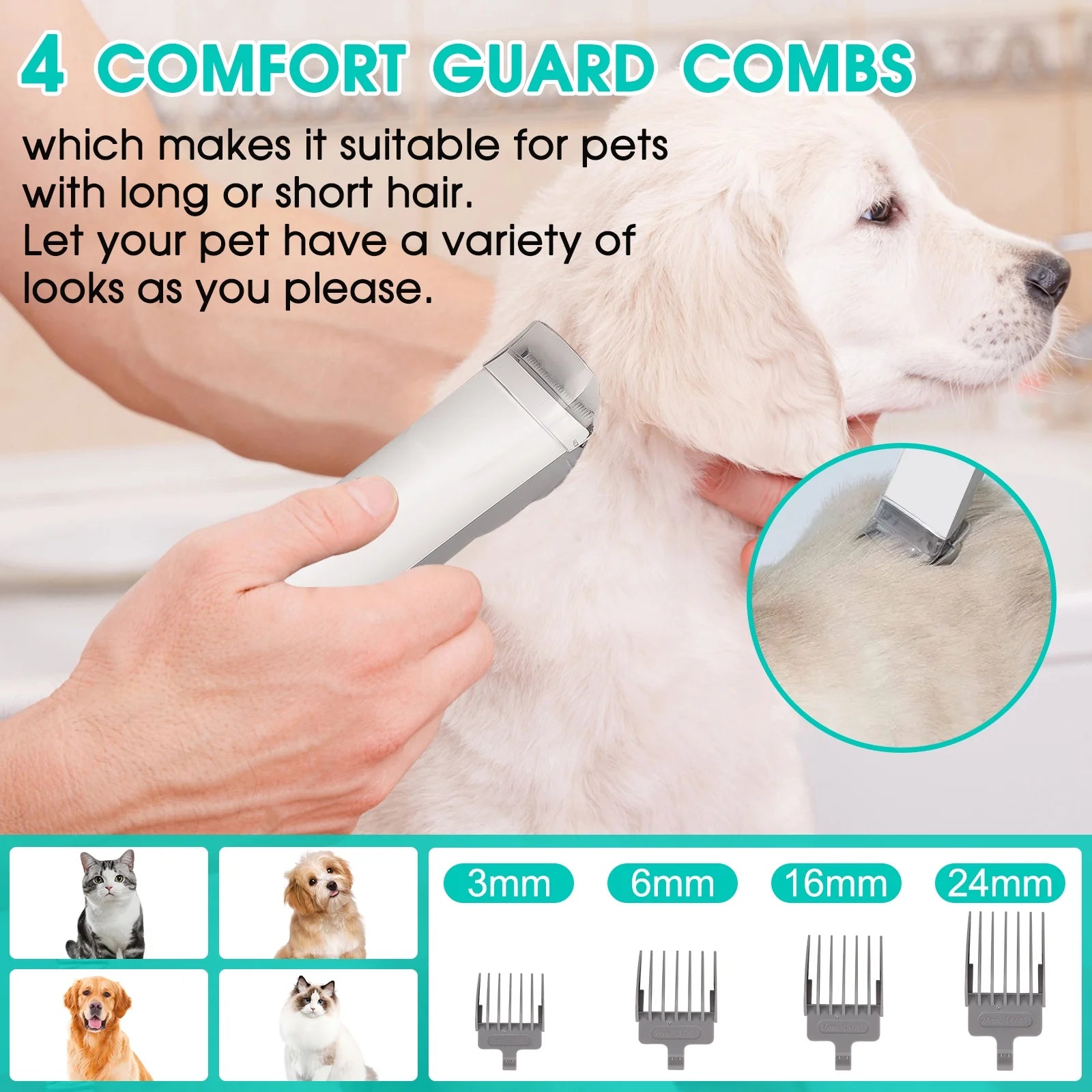 Dog being groomed with a grooming tool, featuring text about comfort guard combs and compatibility for pets with long or short hair.