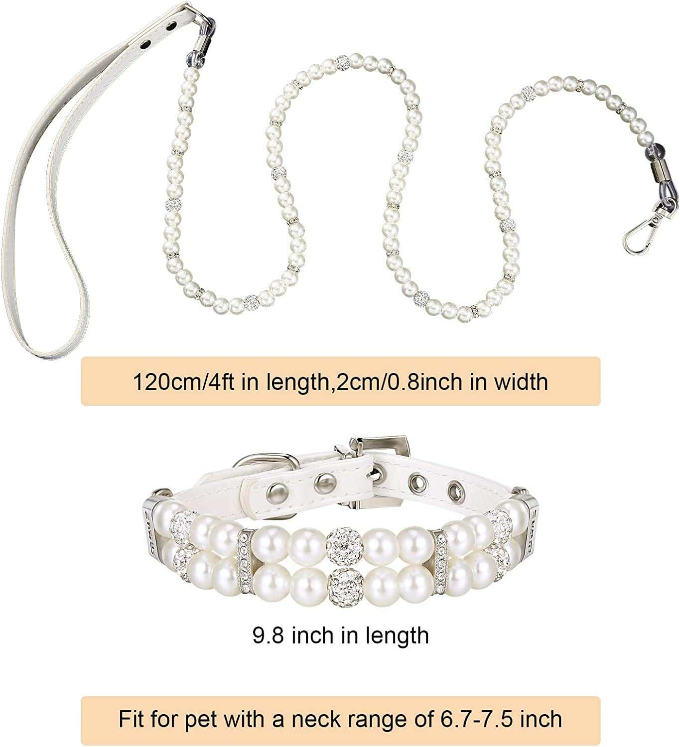 Pearl dog collar with chain leash on a white background