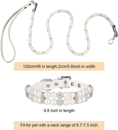 Pearl dog collar with chain leash on a white background
