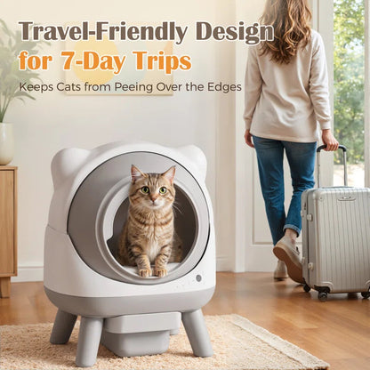 Cat using a travel-friendly litter box with text about its design for 7-day trips.