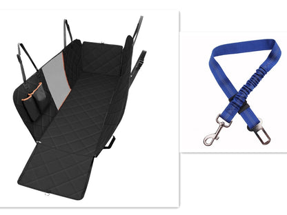 Black car seat cover and blue dog leash with clip on a white background