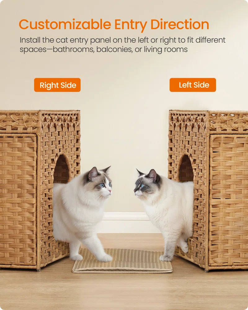 Two cats inside a wicker cat house with customizable entry direction text above.