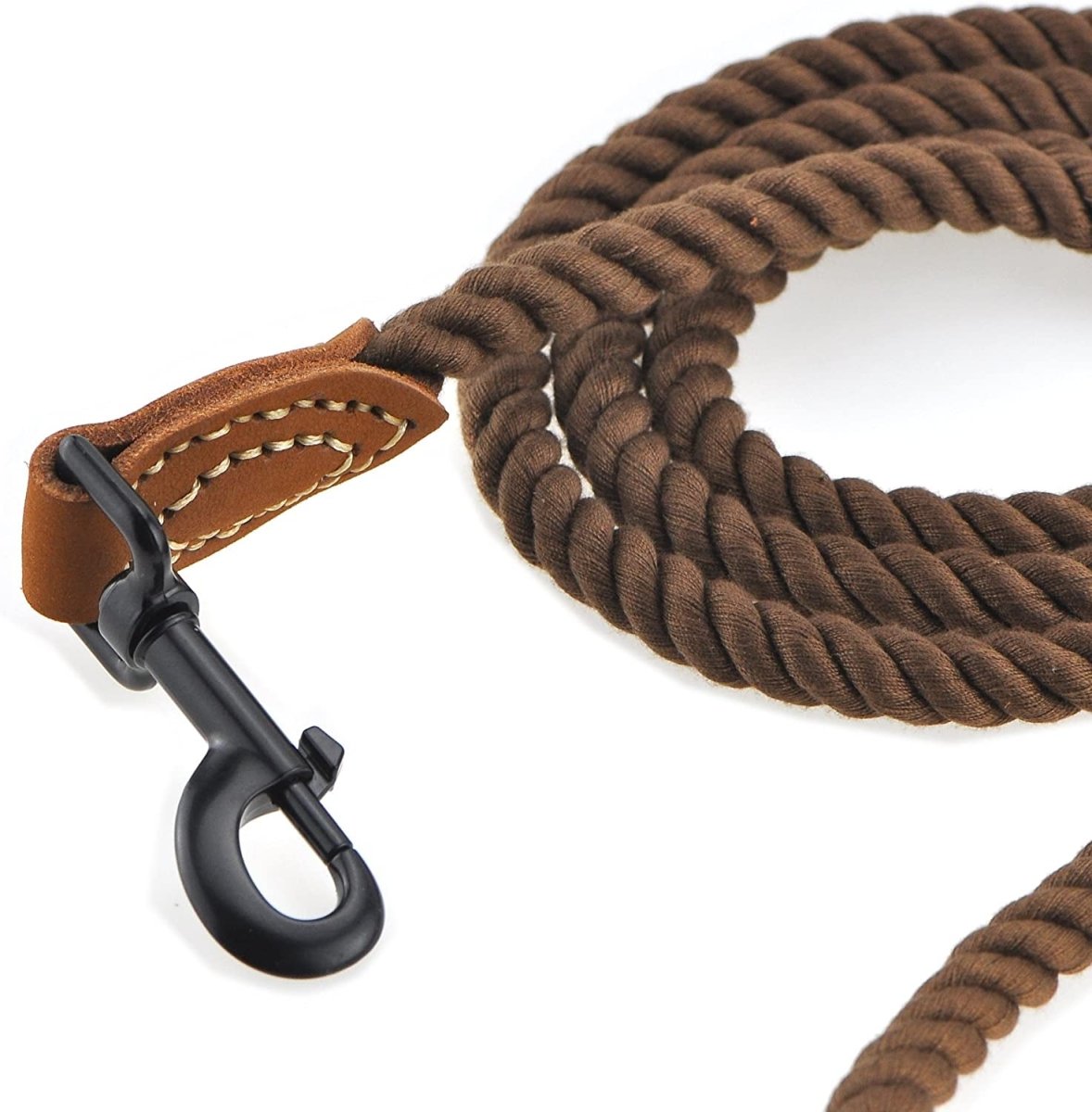 Brown braided dog leash with a black clip on a white background