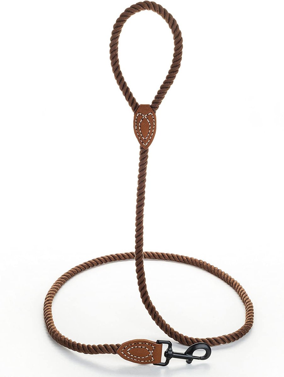 Brown dog leash with leather loops and clip on a white background