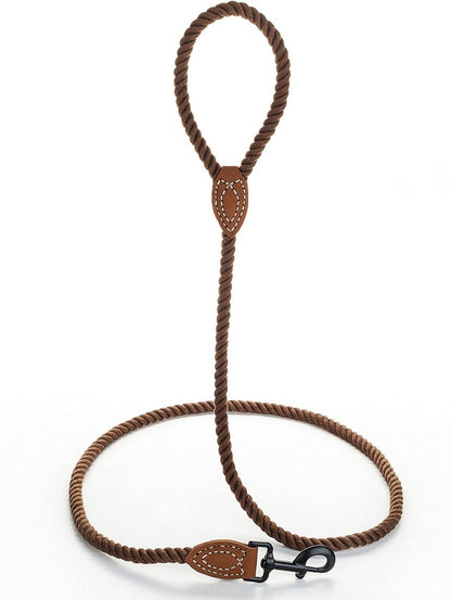 Brown dog leash with leather loops and clip on a white background