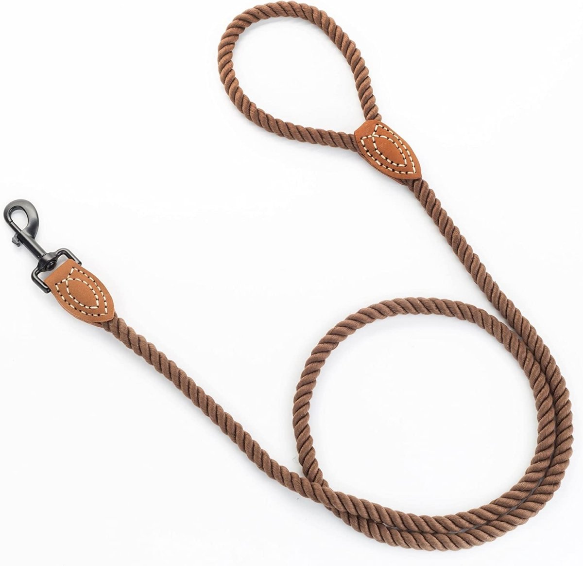 Brown dog leash with leather accents on a white background