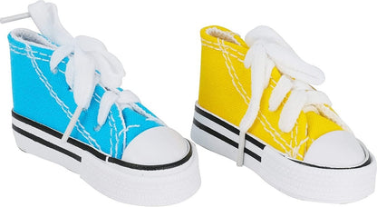Pair of blue and yellow high-top sneakers on a white background