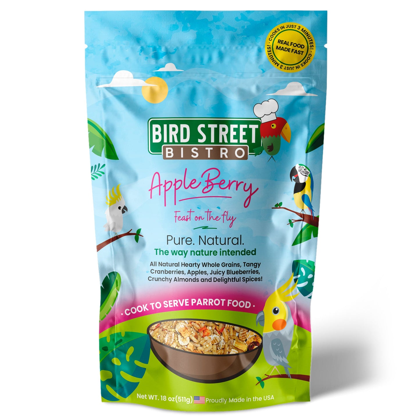 Bird Street Bistro Apple Berry parrot food package on a white background