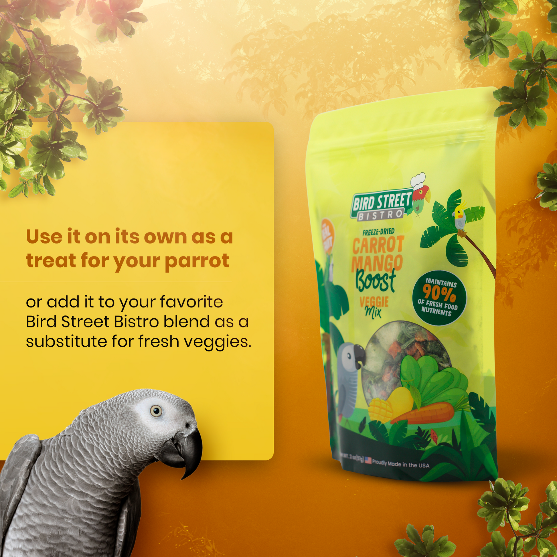 Bird Street Bistro vegetable mix packaging with a parrot on a yellow background