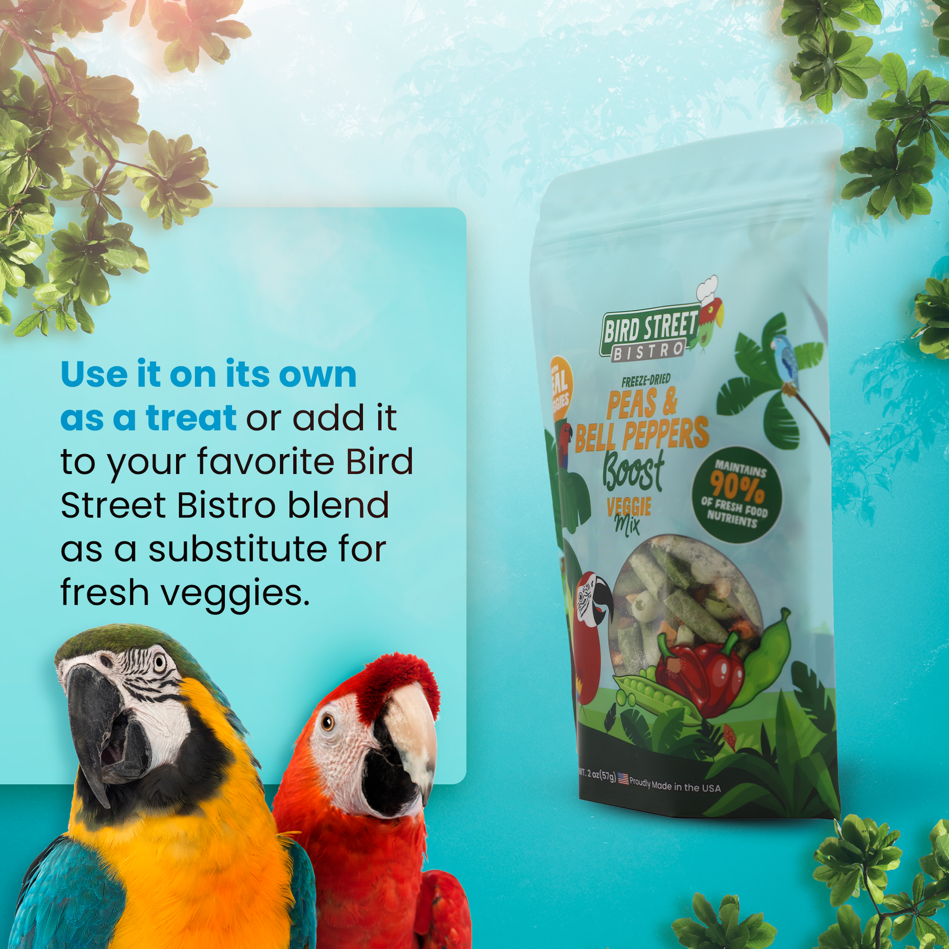 Bird Street Bistro pet food package with two parrots on a blue background