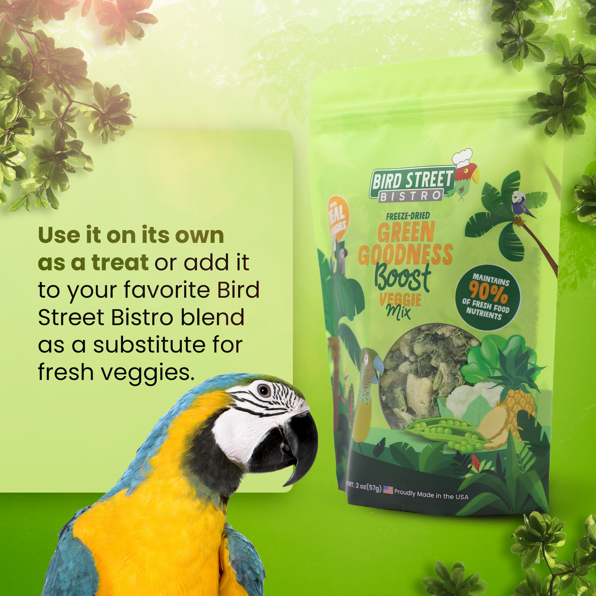 Bird Street Bistro Green Goodness Boost Veggie Mix packaging with a parrot on a green background
