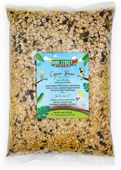 Bag of Bird Street Bistro Cajun Bean bird seed mix with a label on top.