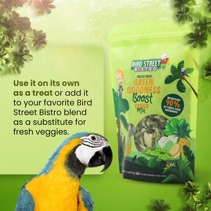 Bird Street Bistro Green Goodness Boost Veggie Mix packaging with a parrot on a green background