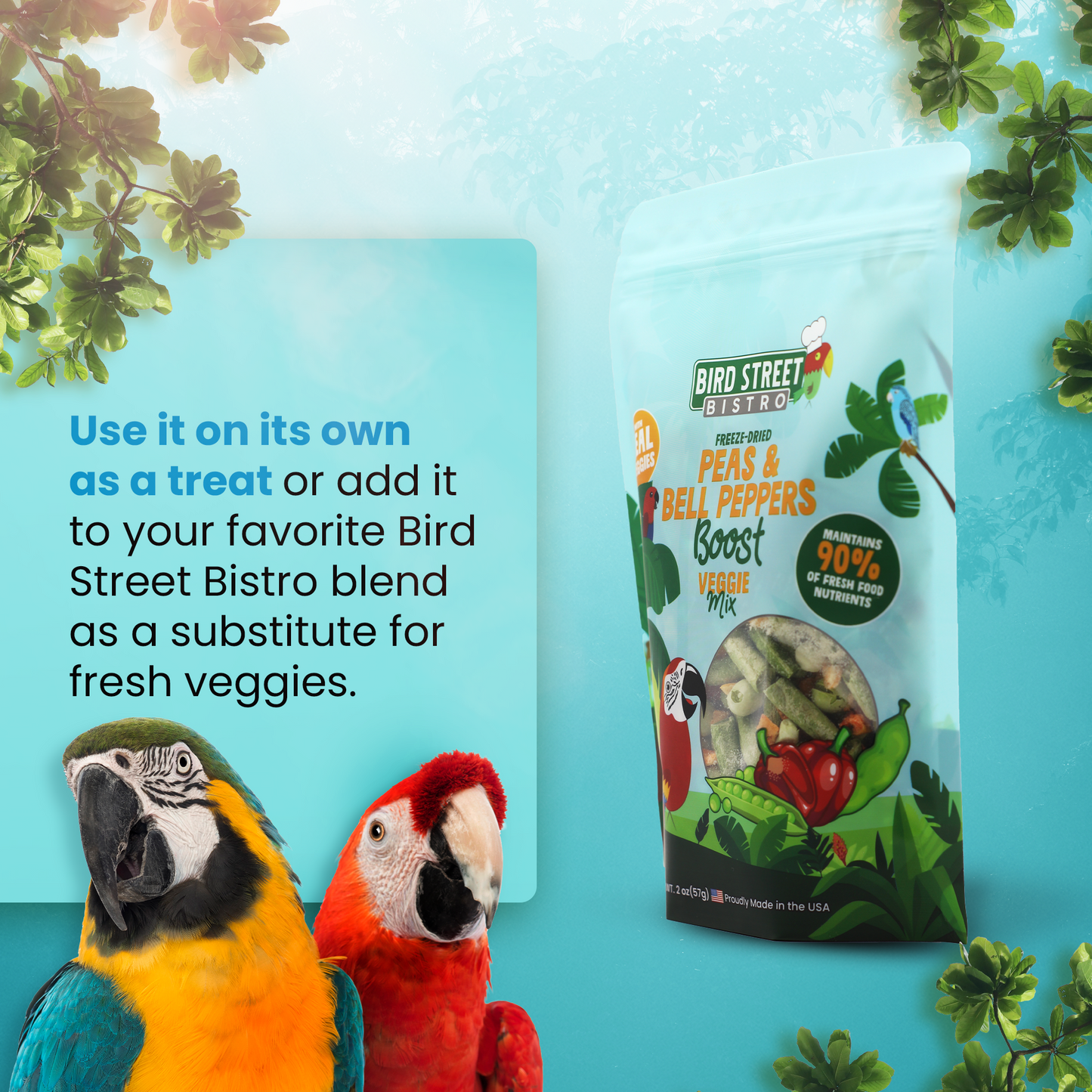 Bird Street Bistro pet food package with two colorful parrots on a blue background
