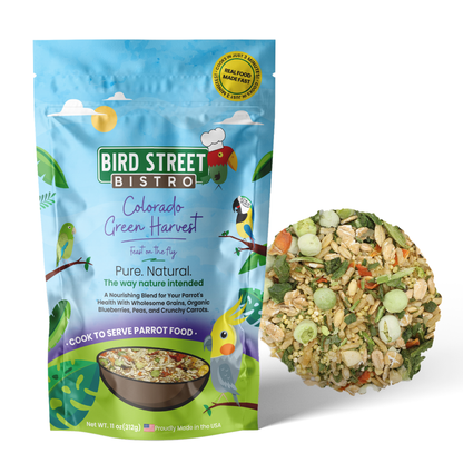 Bird Street Bistro Colorado Green Harvest parrot food package with a sample of the food on a white background