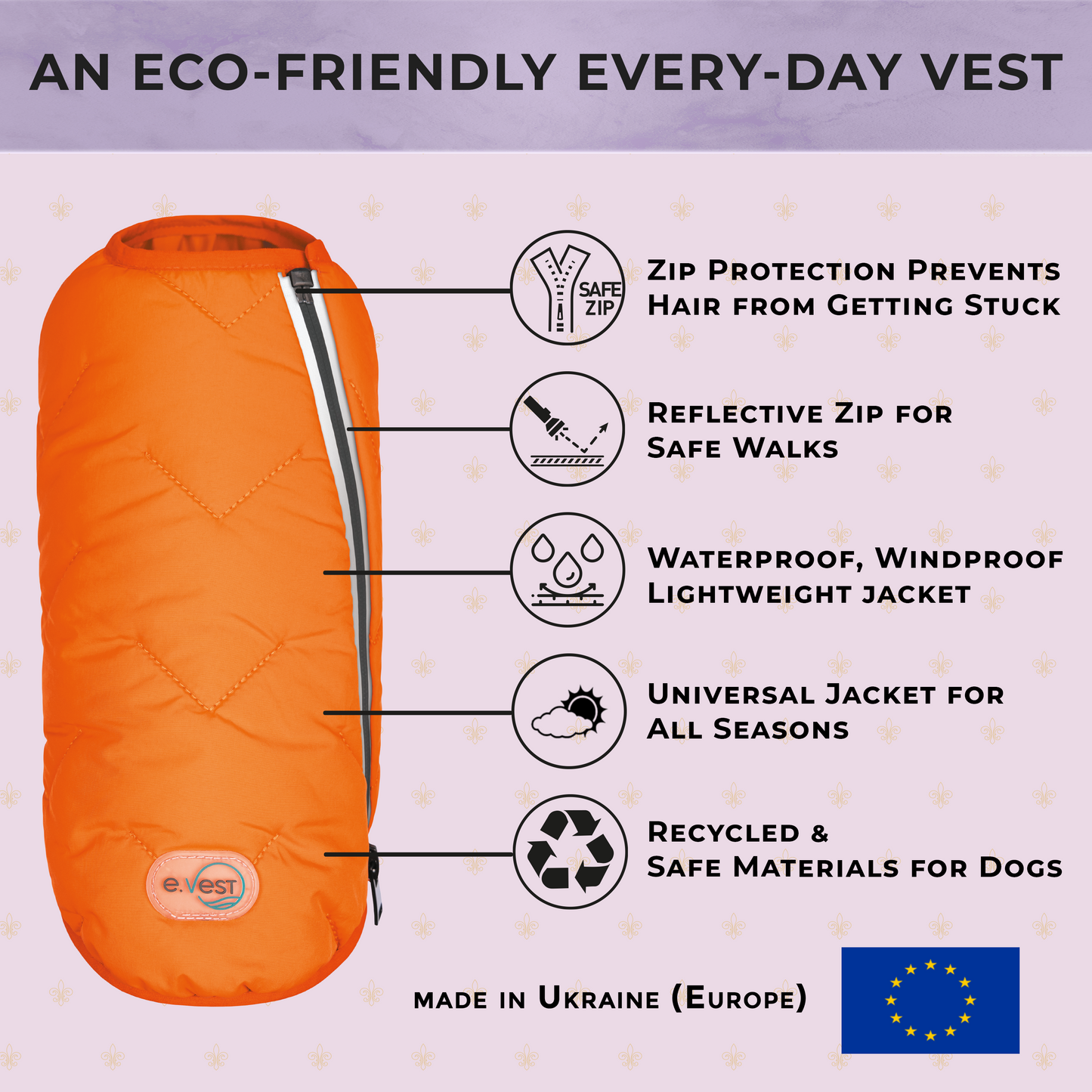 Orange eco-friendly jacket with features highlighted on a light purple background