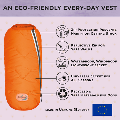 Orange eco-friendly jacket with features highlighted on a light purple background
