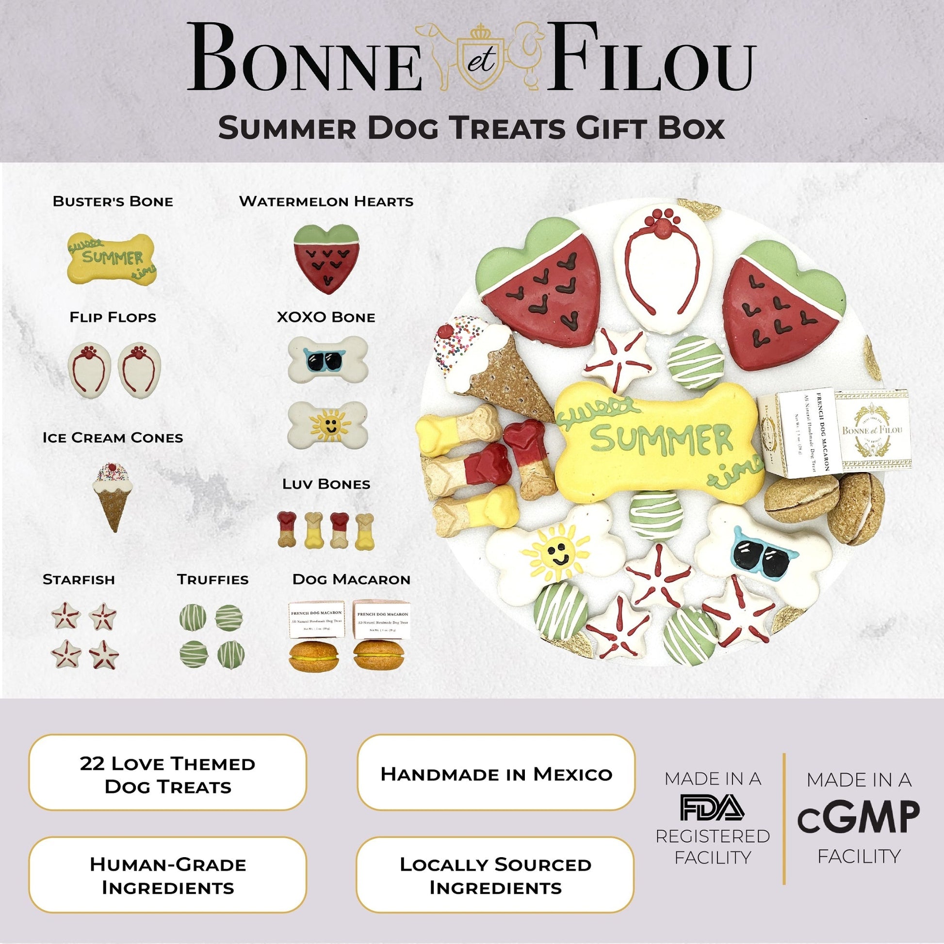 Bonne et Filou Summer Dog Treats Gift Box packaging with various treats and branding details.