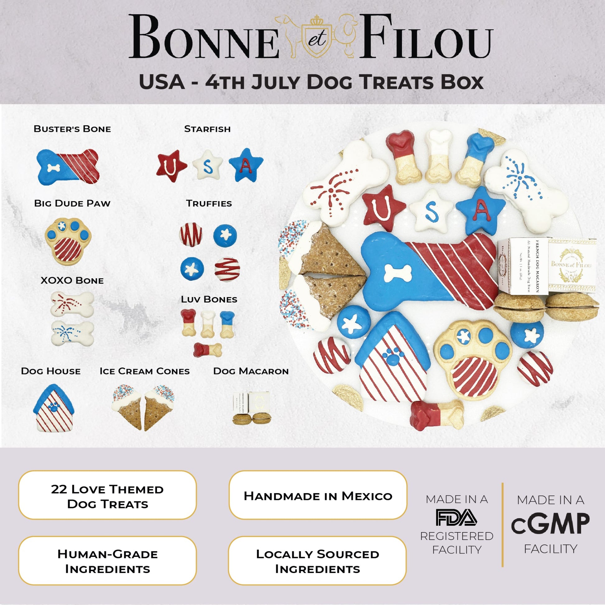 Bonne et Filou 4th of July dog treats box with various treats and branding information.