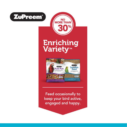 ZuPreem bird food packaging with text on a red background