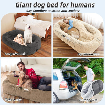 Giant dog bed for humans shown in various settings with text highlighting its uses.