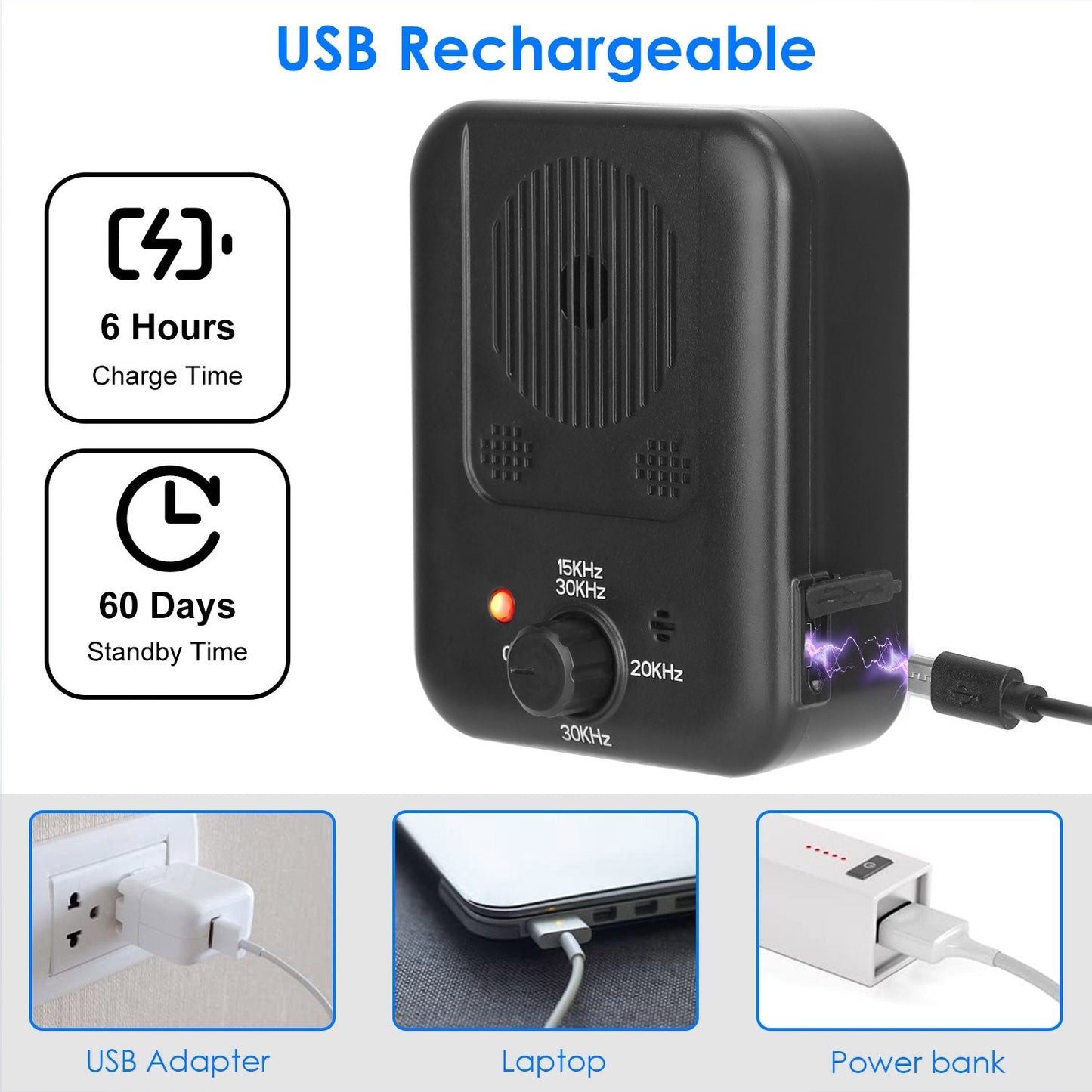 Black electronic device with USB cable, charging time and standby time indicators on a white background.