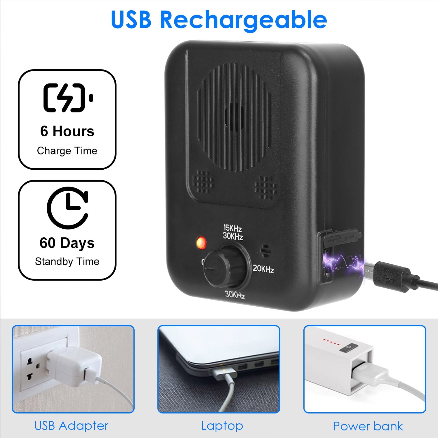 Black electronic device with USB cable, charging time and standby time indicators on a white background.